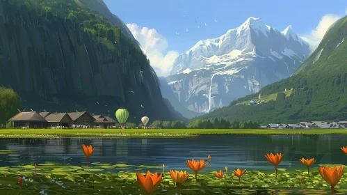 Tranquil Mountain Valley Landscape with Lake and Hot Air Balloons