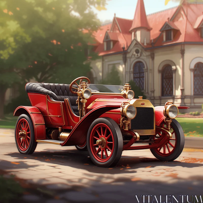 Vintage Red Car Art | Charming Art Nouveau Illustrations AI Image