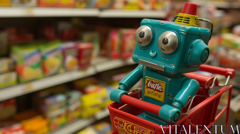 Whimsical Toy Robot in Shopping Cart - Colorful Grocery Store Scene AI Image