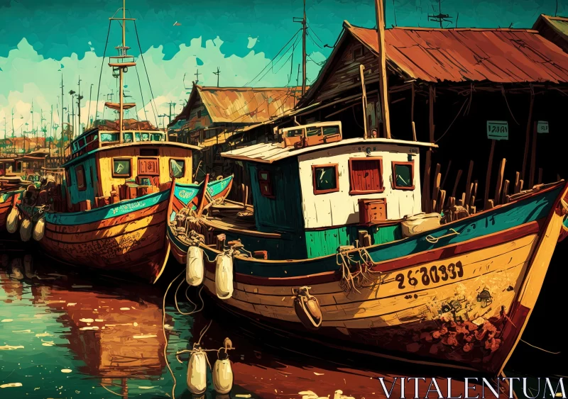 Boats in a Harbor: Nostalgic Rural Life Depictions AI Image