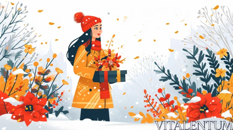 Cartoon Illustration of a Young Woman in a Snowy Forest AI Image