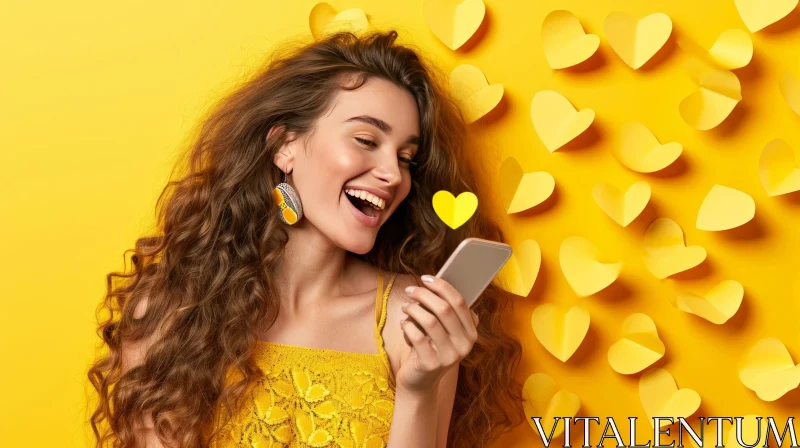 Cheerful Young Woman in Yellow Dress with Phone and Emoji AI Image