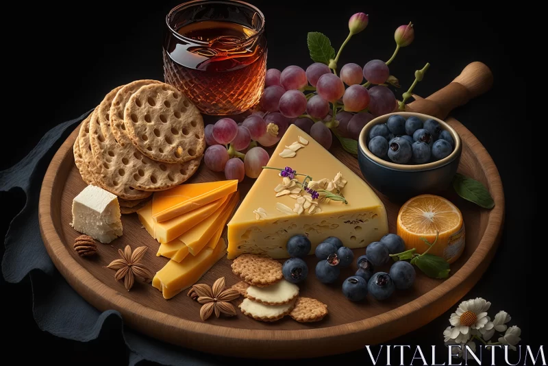 Cheese, Grapes, and Crackers on a Wooden Platter - Captivating Food Still Life AI Image