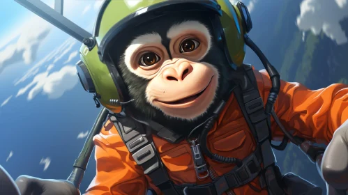 Chimpanzee in Flight Suit Smiling in Airplane Cockpit