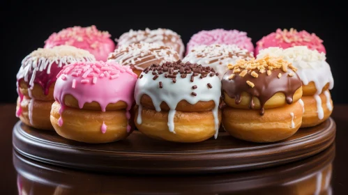 Colorful Donuts on Wooden Plate