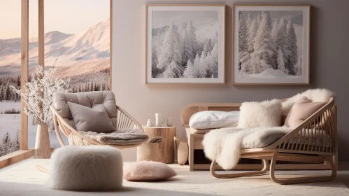 Cozy Living Room with Snowy Forest View