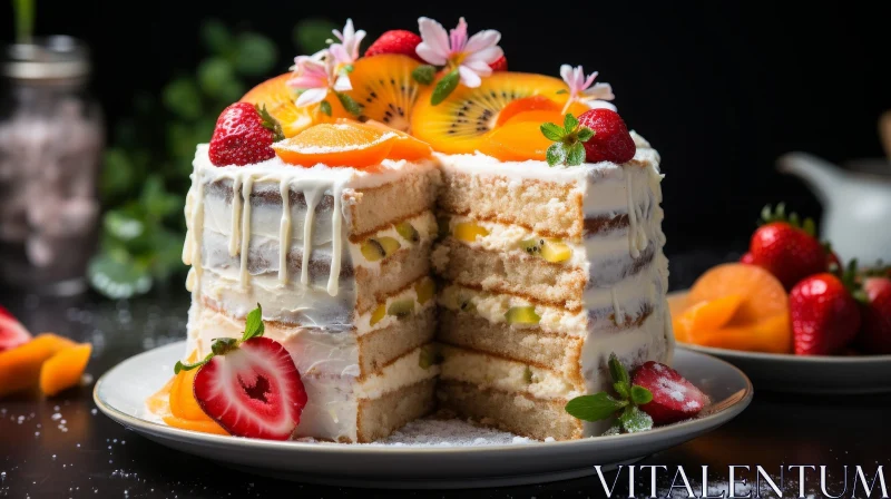 Delicious Fruit Cake with White Icing and Fresh Berries AI Image