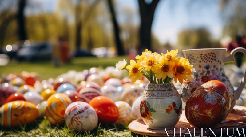 Easter Celebration: Eggs and Flowers on a Lawn AI Image