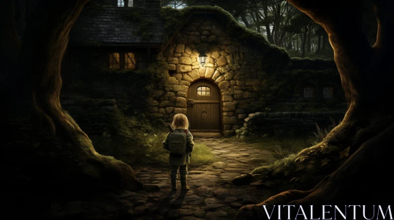 AI ART Enigmatic Child by Stone Cottage in Dark Woods