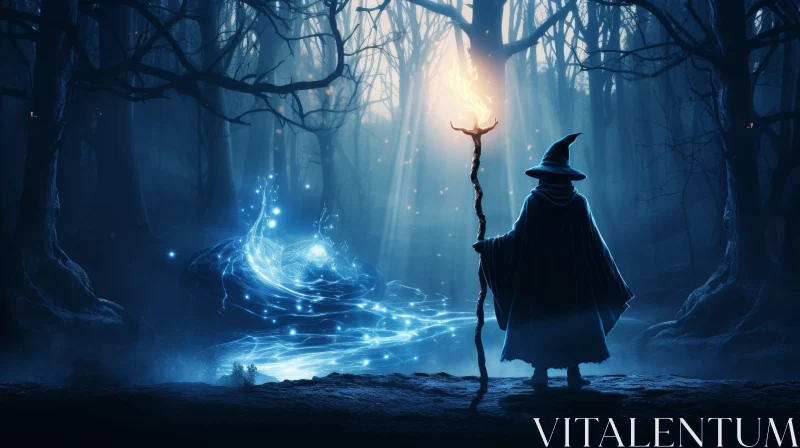 Enigmatic Forest Scene with Cloaked Figure and Glowing Orb AI Image