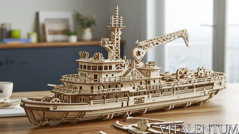 Exquisite Wooden Model Ship: A Captivating Depiction of a Tugboat AI Image