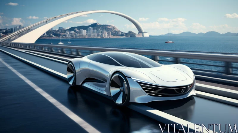 Futuristic White Car Crossing Bridge Over Sea AI Image