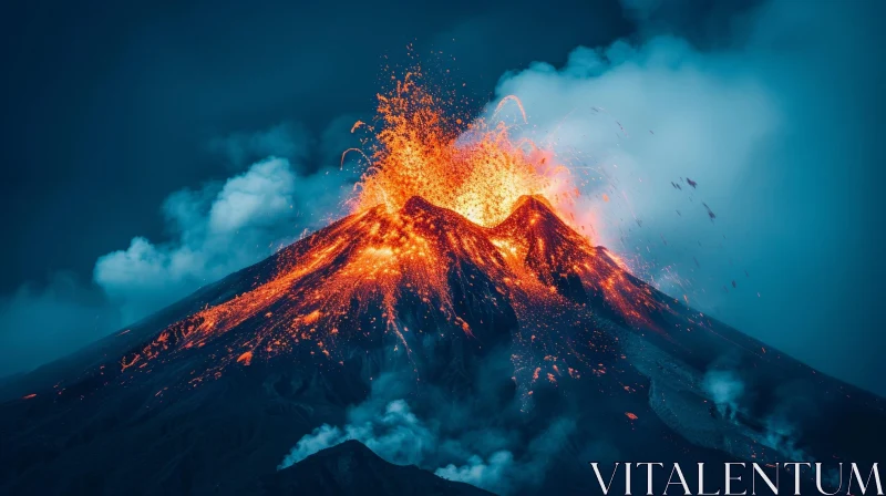 Majestic Volcanic Eruption: Glowing Lava and Ash in Dark Sky AI Image