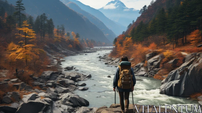 AI ART Person Trekking in River Among Mountains