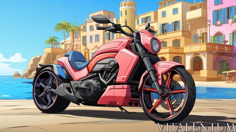 Pink Motorcycle on Sandy Beach AI Image