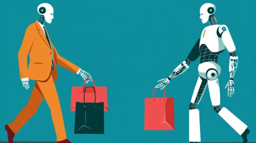 Playful Illustration of Two Robots Walking with Shopping Bags