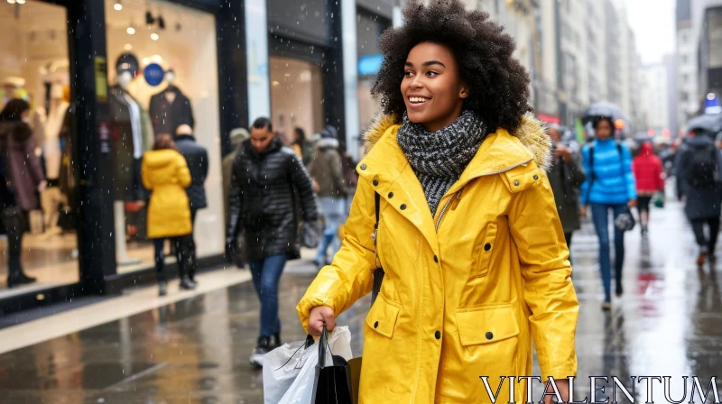 Rainy City Stroll: A Captivating Image of an African-American Woman in a Yellow Raincoat AI Image