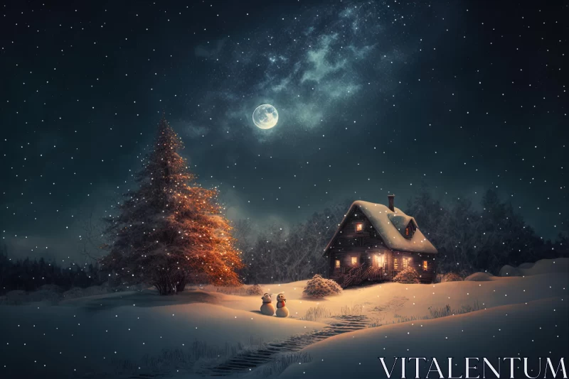 AI ART Snowy Cottage under Moon and Stars: A Serene and Festive Atmosphere
