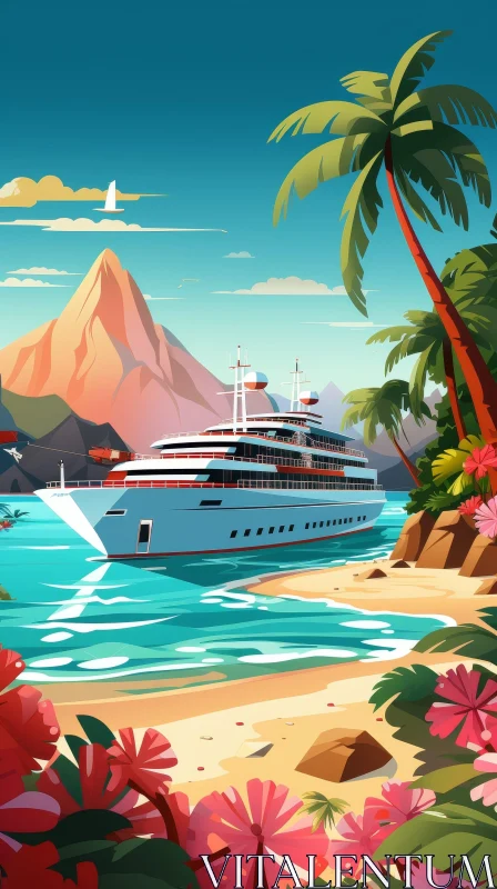 Tropical Island Cruise Ship Illustration AI Image