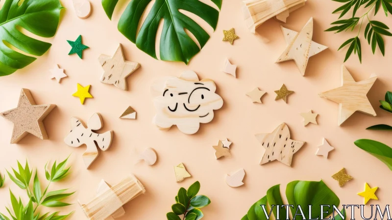 Wooden Shapes and Tropical Leaves Flat Lay on Beige Background AI Image