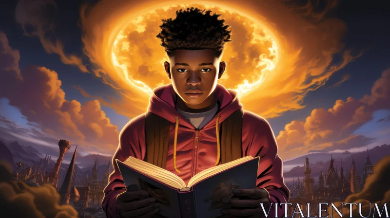 AI ART Young Black Boy Reading Book Digital Painting