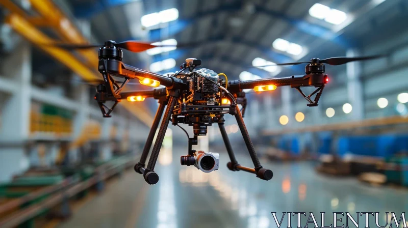 Black Professional Drone with Camera Flying in a Warehouse AI Image