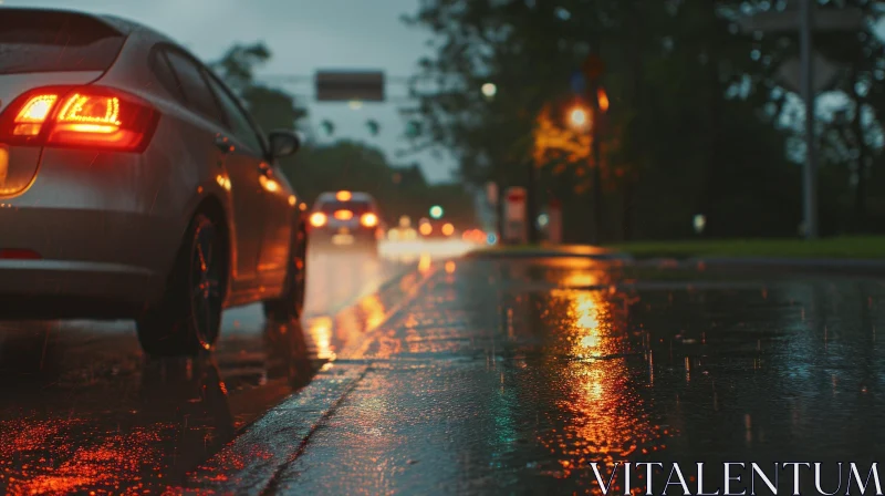 Blurred Night View of City Street with Rain and Cars AI Image