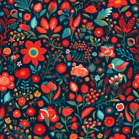 Bright Red Floral Pattern on Dark Blue Background