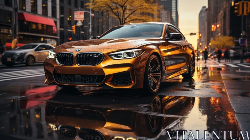 Bronze BMW M2 Competition on Wet City Street AI Image