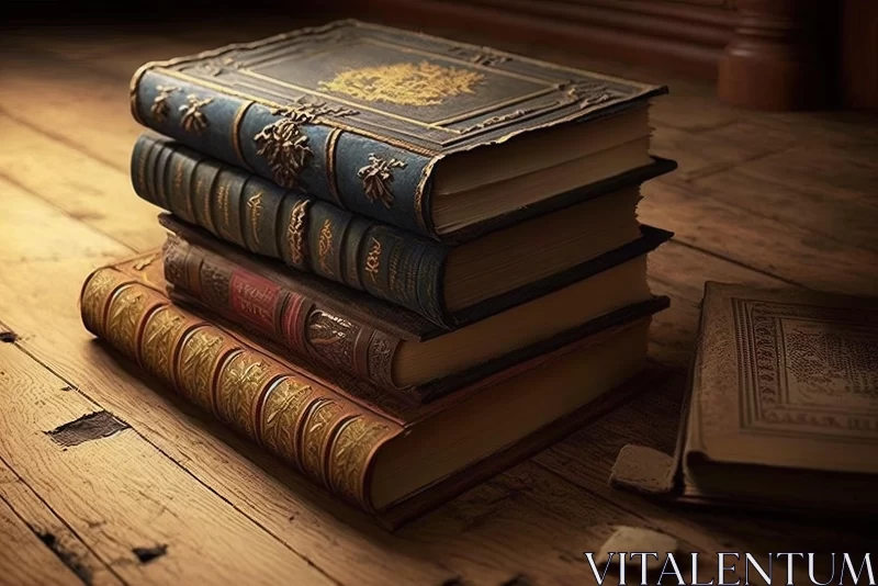 Captivating Stack of Books on Wooden Floor | Classical Realism | Unreal Engine 5 AI Image