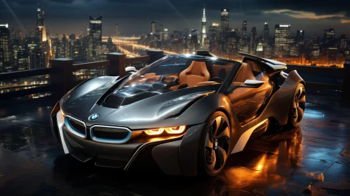 Cityscape Night View with Silver BMW i8 - Urban Excitement