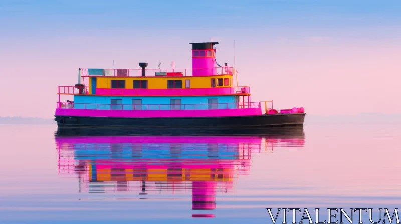 AI ART Colorful Boat on Calm Lake at Sunrise