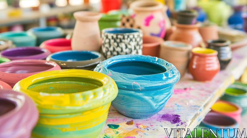 Colorful Ceramic Pots and Bowls on a Wooden Table AI Image
