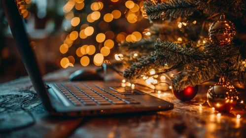 Cozy Christmas Scene with Laptop and Christmas Tree