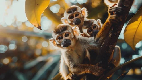 Curious Squirrel Monkeys Portrait on Tree Branch