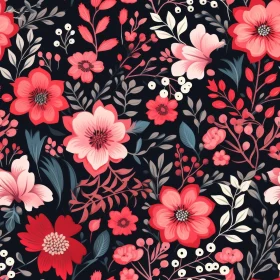 Dark Floral Pattern with Red and Pink Flowers