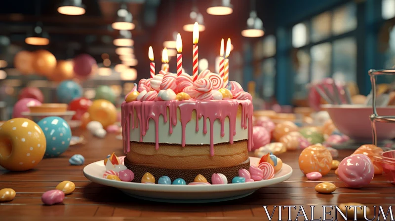 AI ART Delicious Birthday Cake with Pink Frosting and Candles