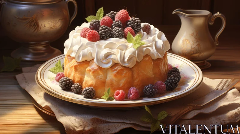 Delicious Cake with Whipped Cream and Berries AI Image
