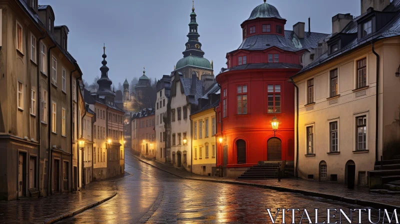 Enchanting Old European City Street on Rainy Day AI Image