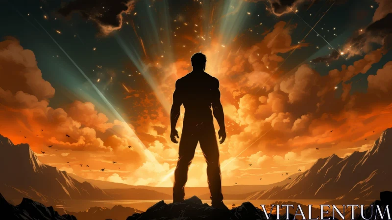 Man on Mountaintop at Sunset - Digital Painting AI Image