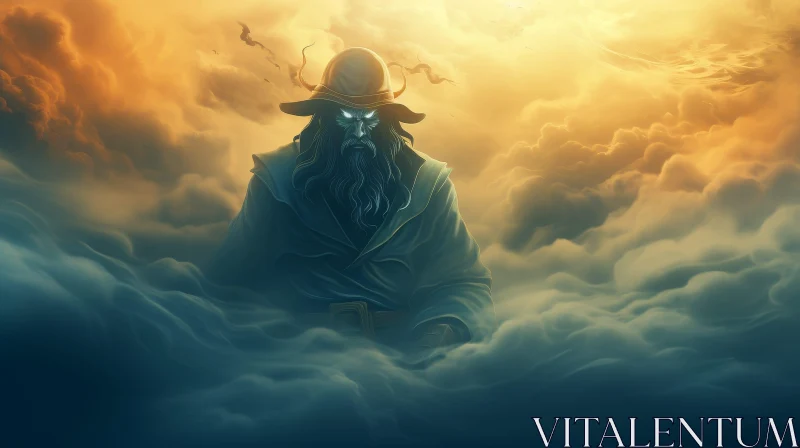 Mysterious Dark Fantasy Illustration of Bearded Man in Stormy Sky AI Image