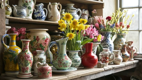 Rustic and Charming Ceramic Vases and Pitchers on Wooden Shelves