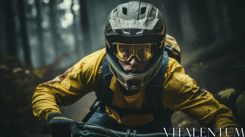 Thrilling Mountain Biking Adventure in Dark Forest AI Image