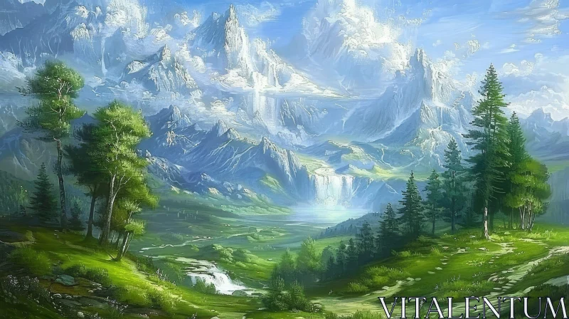 AI ART Tranquil Mountain Landscape with River and Snow-Capped Peaks