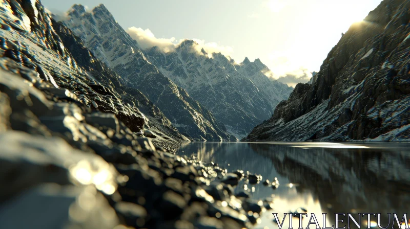 Tranquil Mountain Valley Scene with Snow-Covered Peaks and Clear Lake AI Image