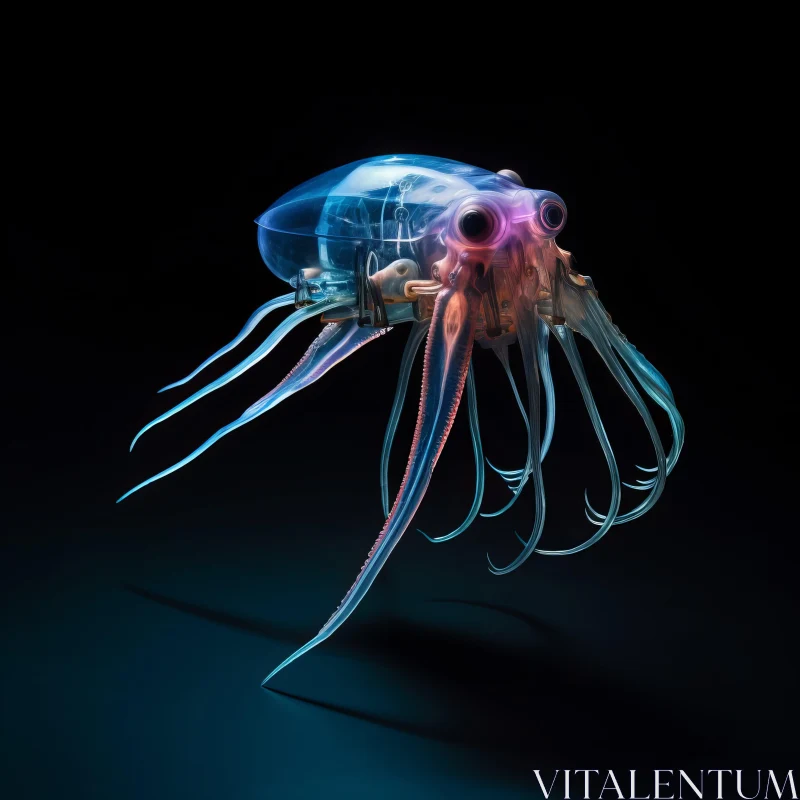 Translucent Cyborg Squid Illuminated by Blue and Purple Lights AI Image