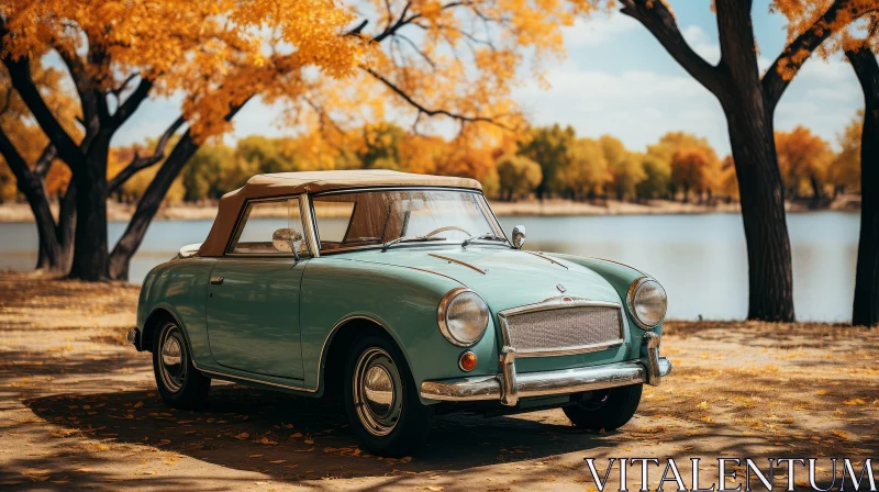 Vintage Car on Lakeside Road in Autumn AI Image