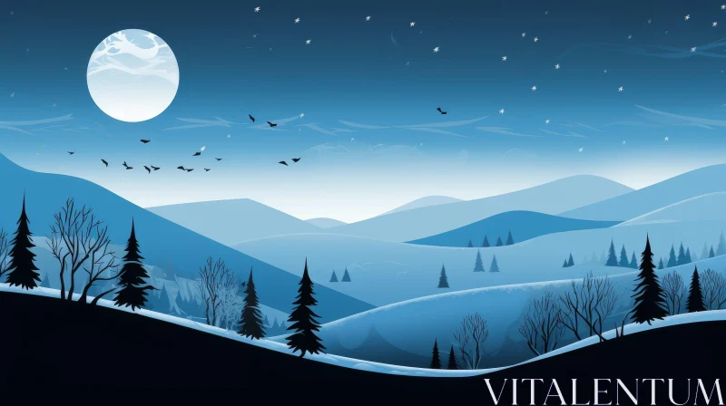 AI ART Winter Landscape with Full Moon and Snow-Covered Mountains