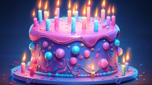 3D Birthday Cake Rendering with Pink and Blue Colors