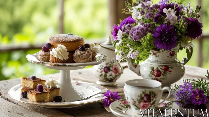Afternoon Tea Table Setting with Cupcakes and Teapot AI Image